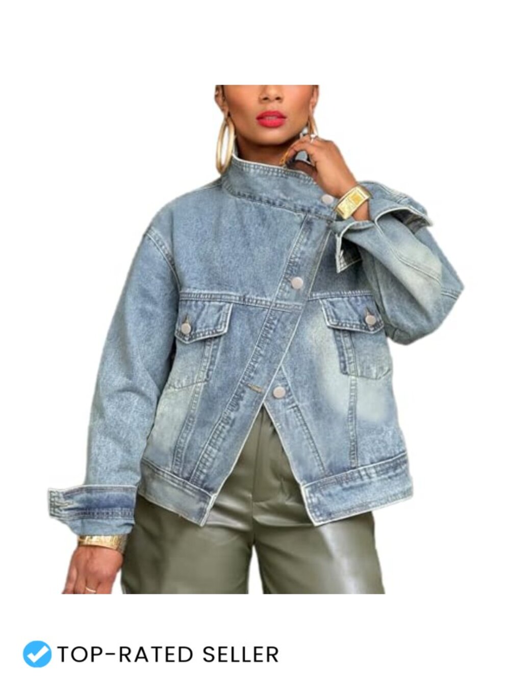 Women's Distressed Denim Jacket Casual Long Sleeve Button Down Oversized Jean